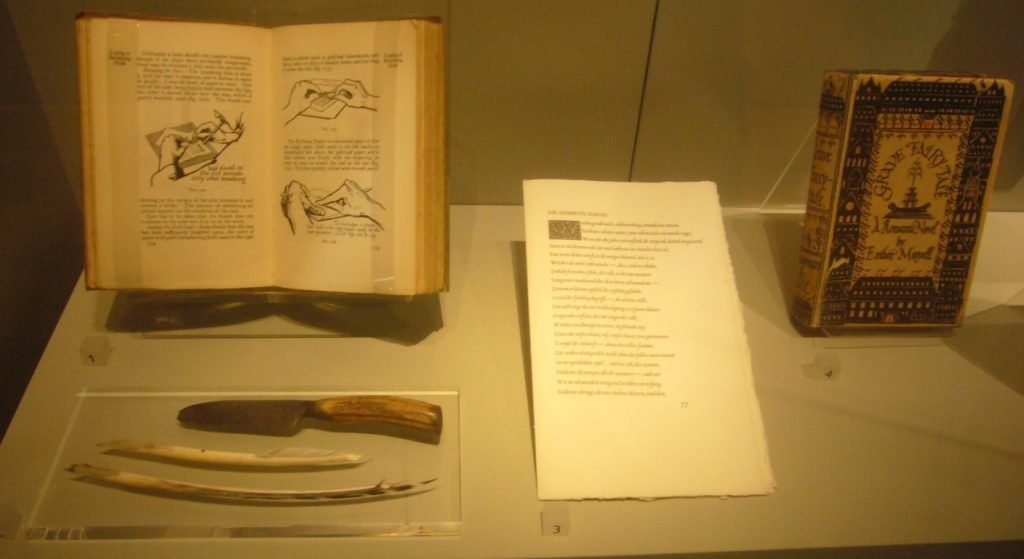 Edward Johnston writing equipment and copy of his book, Writing and Illuminating, and Lettering