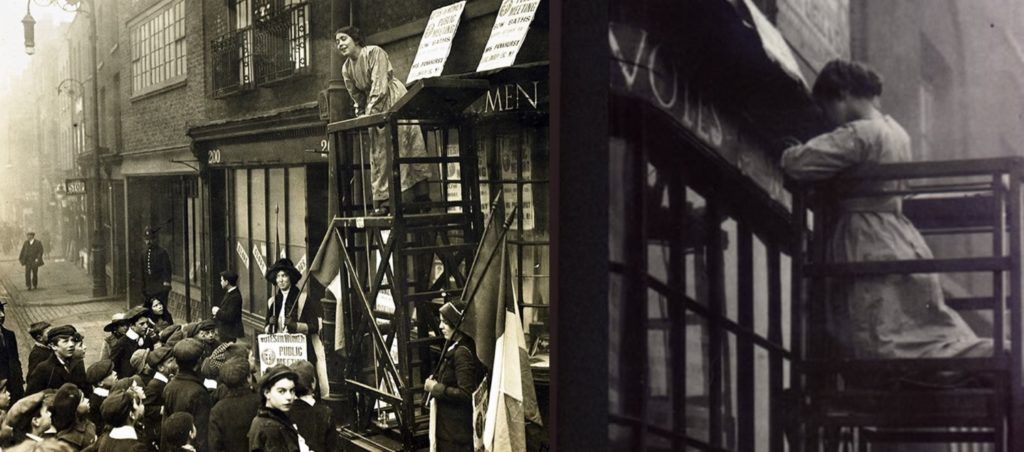 Sylvia Pankhurst after, and during, the painting of ‘Votes for Women’ on 198 Bow Road