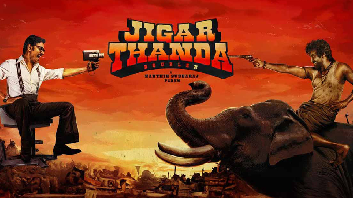 Promotional art for Jigarthanda Double X, which shows the two lead characters on opposite sides, one pointing a film camera while sitting on a director's chair, the other holding a gun while riding an elephant