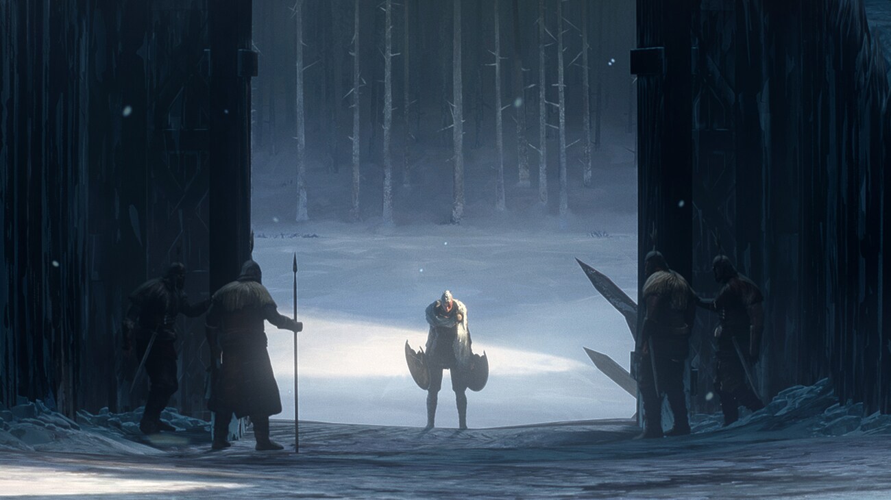 a viking warrior, holding two pieces of a broken shield, passes through a gate in Predator: Killer of Killers