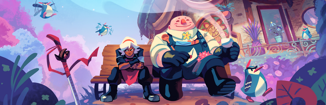 Two people sit next to each other on a bench in a promotional image from Wanderstop. One holds a piping hot mug of tea
