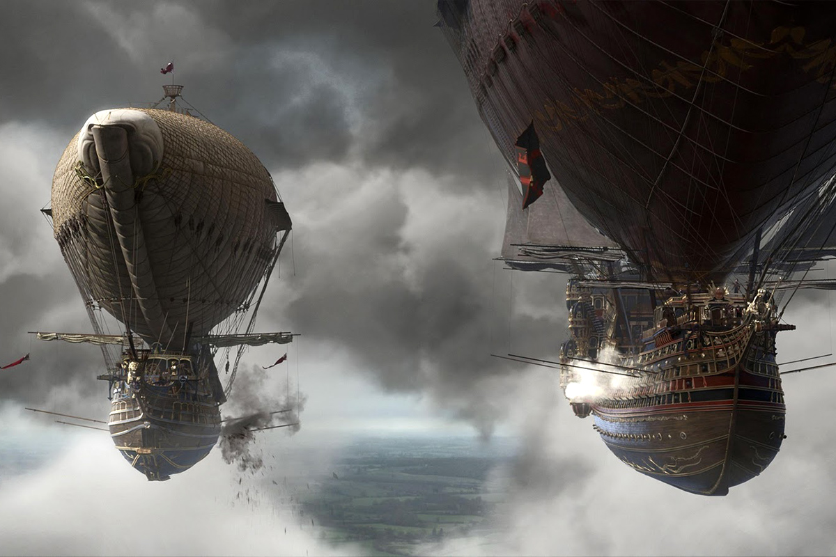 Two airships battling in The Three Musketeers
