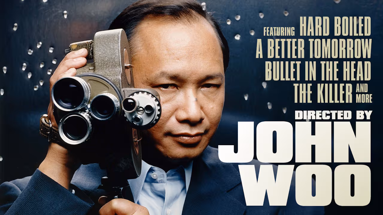 The Criterion Channel's art for their Directed by John Woo collection, with Woo holding a movie camera in front a bullet-riddled wall