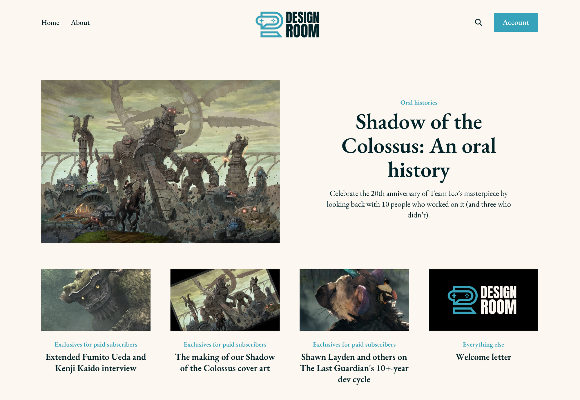 Launch front page for Design Room, including an oral history of Shadow of the Colossus and a few connected features
