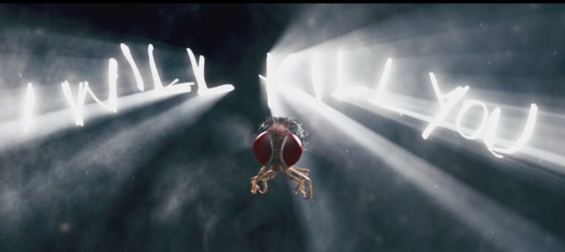 In Eega, the fly flies towards the camera, with letters shining through the light behind him that say "I Will Kill You"
