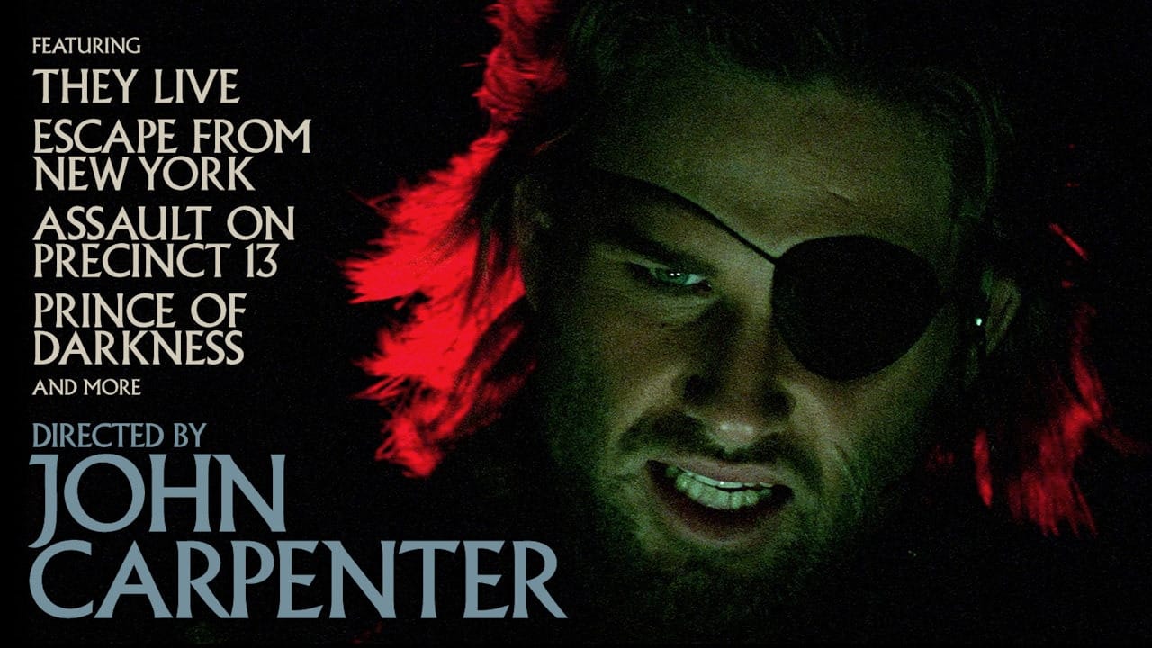 Promo art for the Criterion Channel's Directed by John Carpenter collection, with an eyepatch-wearing Kurt Russell and some featured titles listed