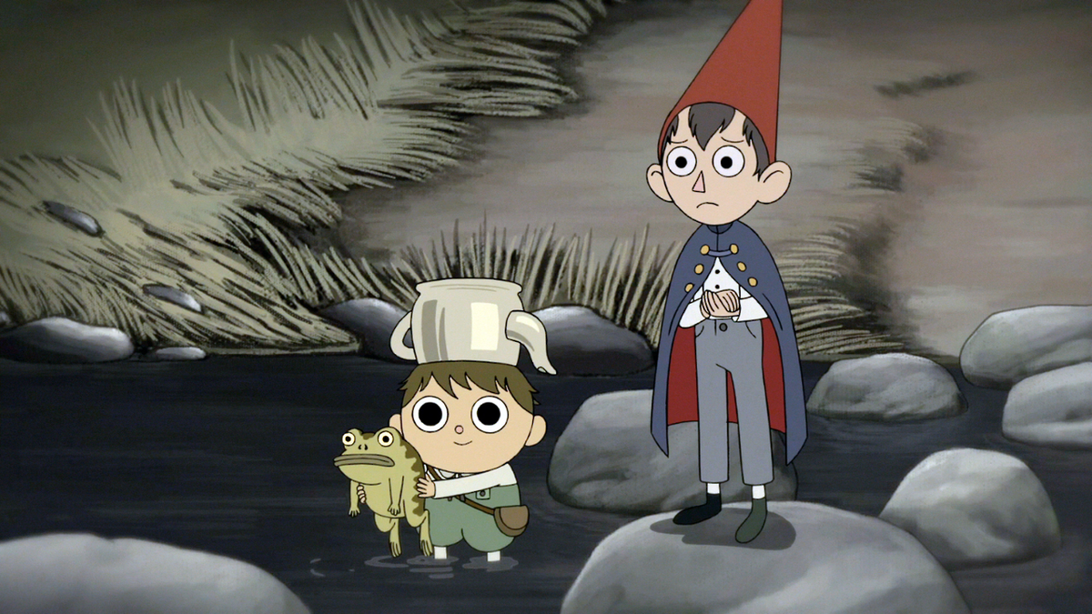 In Over the Garden Wall, Greg stands in a stream holding his frog, while Wirt looks concerned standing on a rock