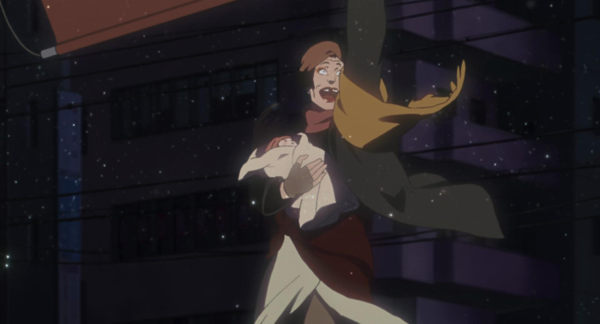 One of the lead characters in Tokyo Godfathers waves an arm while holding a baby