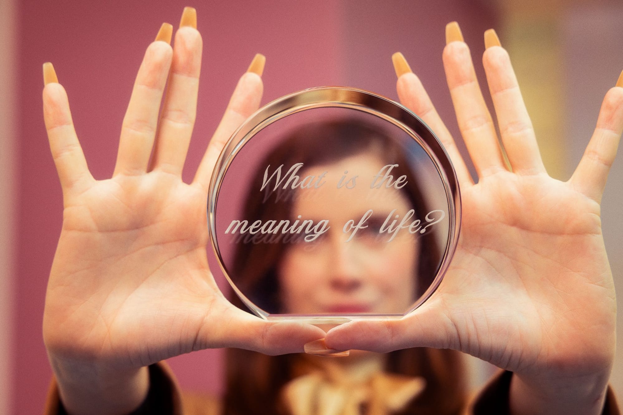 Vic Michaelis holds a circular glass paperweight, engraved with "What is the meaning of life?" in front of their face and between their outstretched hands, on the set of VIP
