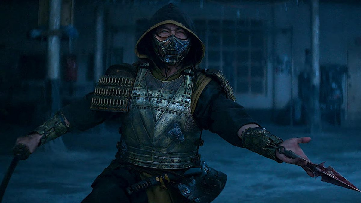Hiroyuki Sanada holds a bloody rope dart as Scorpion in Mortal Kombat (2021)
