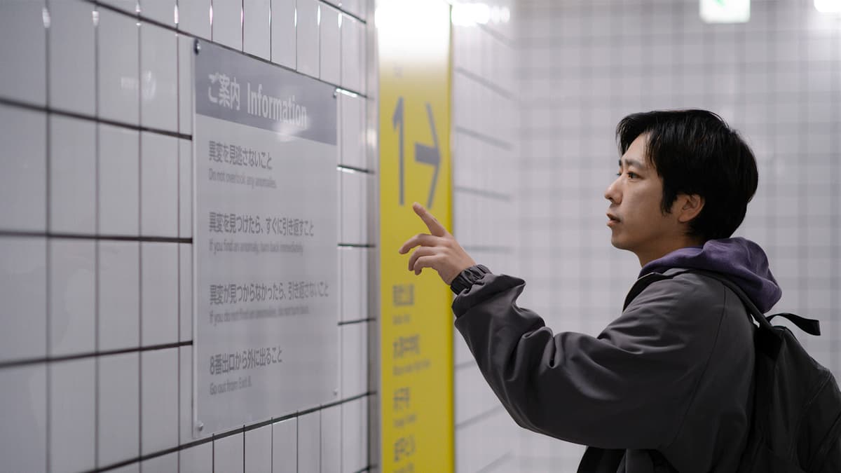 A man tries to direct himself in a pristine white subway hallway in Exit 8