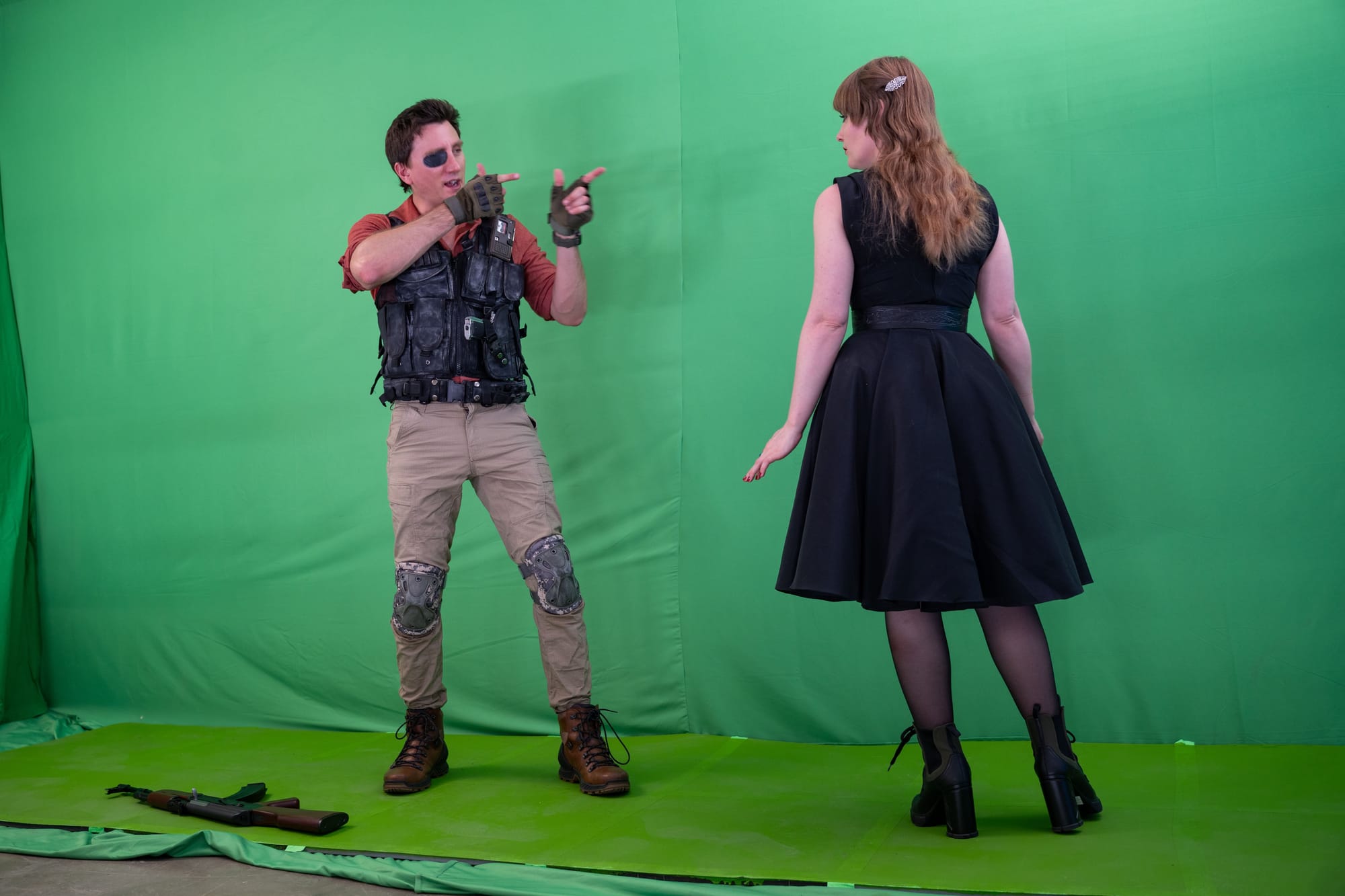 Jason Trost directs Tallay Wickham in front of a green screen