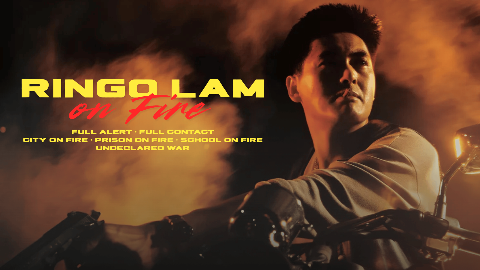 Cover image for Metrograph's Ringo Lam on Fire series, showing Chow Yun-fat looking cool as hell on a motorcycle with a gun