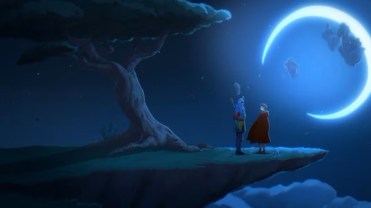In Pantheon, two animated figures stand on a cliff side -- one wearing warrior's armor, one wearing a cloak, as the moon shines on