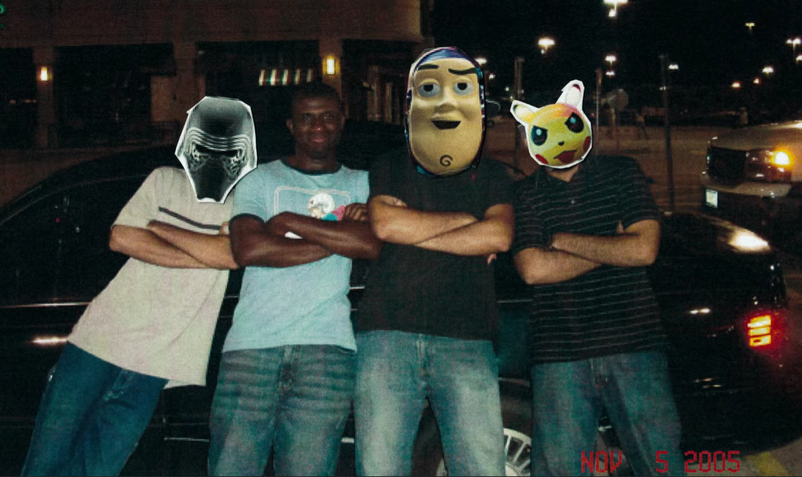 A group of young people hang out, arms crossed, in Ghosts of Sugar Land. All but one have their face covered by a sticker of a fictional character from a children's series