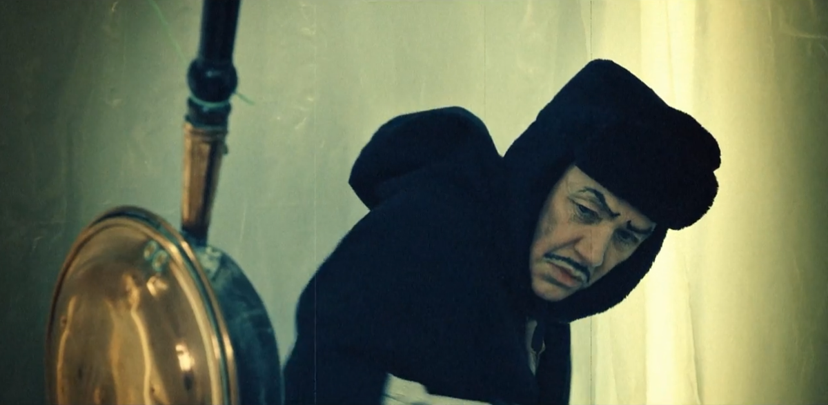 Reece Shearsmith, in fancy get-up with drawn-on eye brows and a mustache in Taskmaster