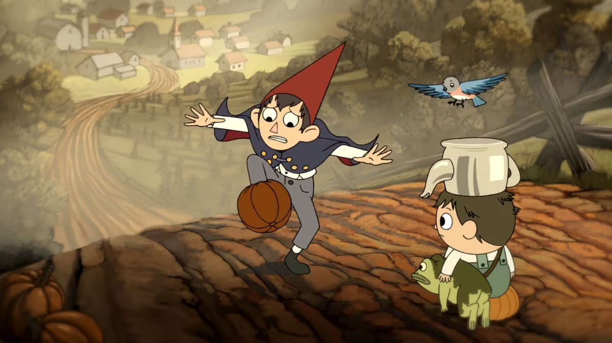 In Over the Garden Wall, Wirt's foot is stuck in a pumpkin as Greg and Beatrice look at him, concerned