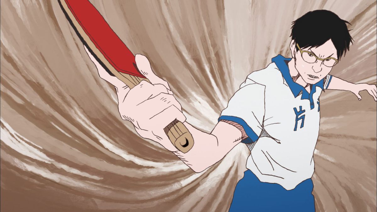 A highly stylized image of a person swinging a ping pong paddle, in Ping Pong: The Animation