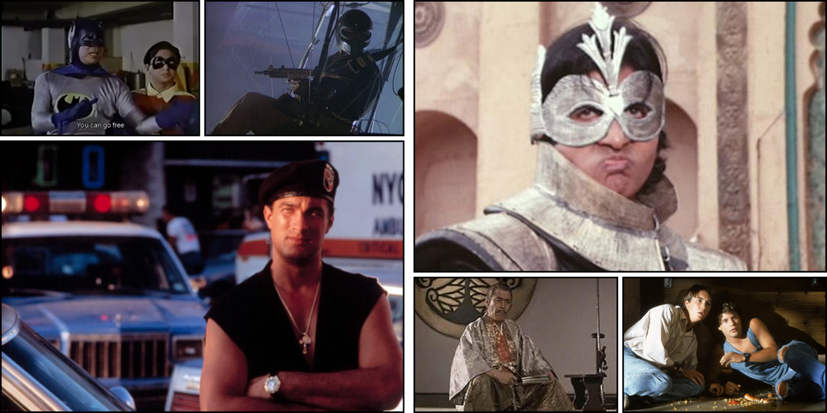 A collage image of action movies released globally in April 1991, including Out for Justice, Toy Soldiers, Alyas Batman en Robin, Street Wars, Journey of Honor, and Ajooba