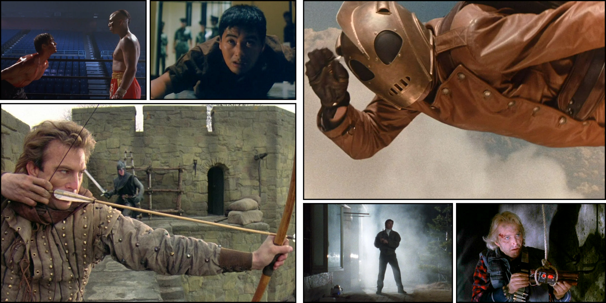 A collage of action movies released globally in June 1991: Robin Hood Prince of Thieves, Kickboxer 2, Prison on Fire II, The Rocketeer, The Hitman: Blood Smells Like Roses, and Alligator 2