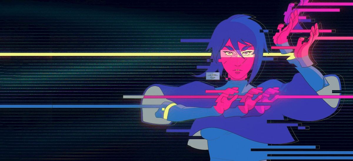 A colorful still image from the animated series Pantheon -- an animated person in bisexual lighting does a pose with their arms, as their hands appear to duplicate and glitch