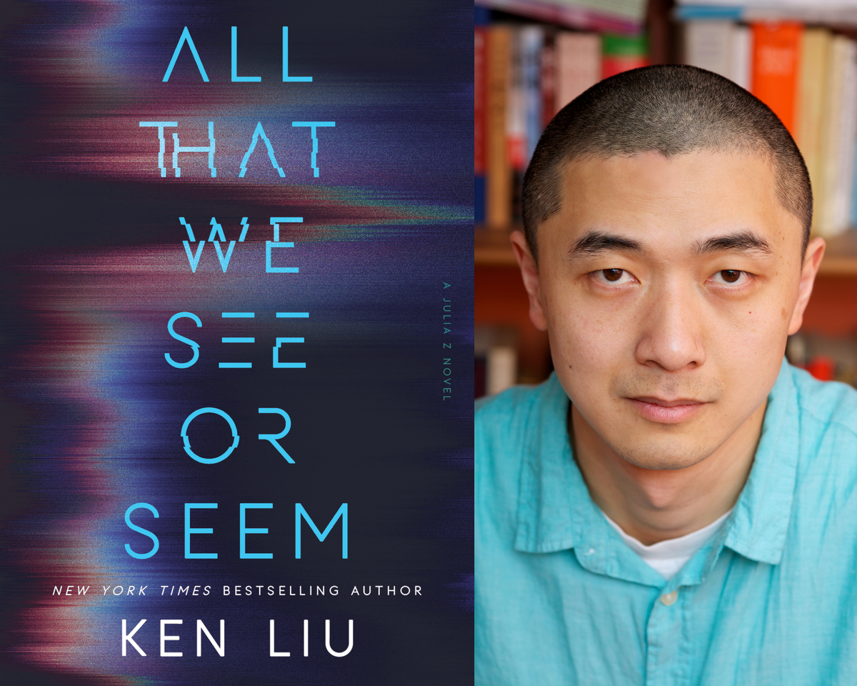 A headshot of author Ken Liu next to the cover of his latest novel, All That We See or Seem