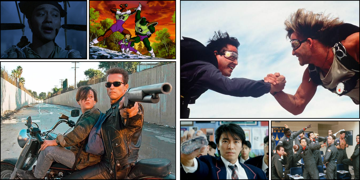 A collage image featuring stills from Terminator 2, A Chinese Ghost Story III, Cooler's Revenge, Point Break, Fight Back to School, and Hot Shots!