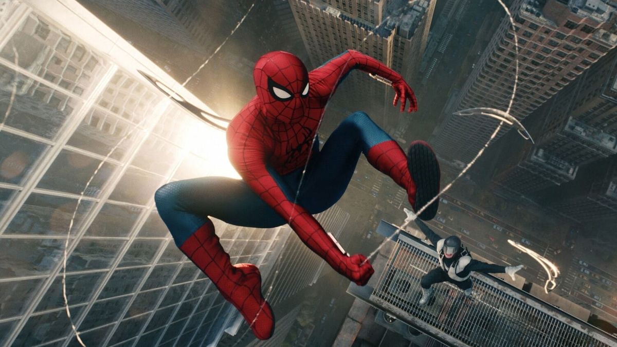 Spider-Man web slings away from a costumed villain in Brand New Day