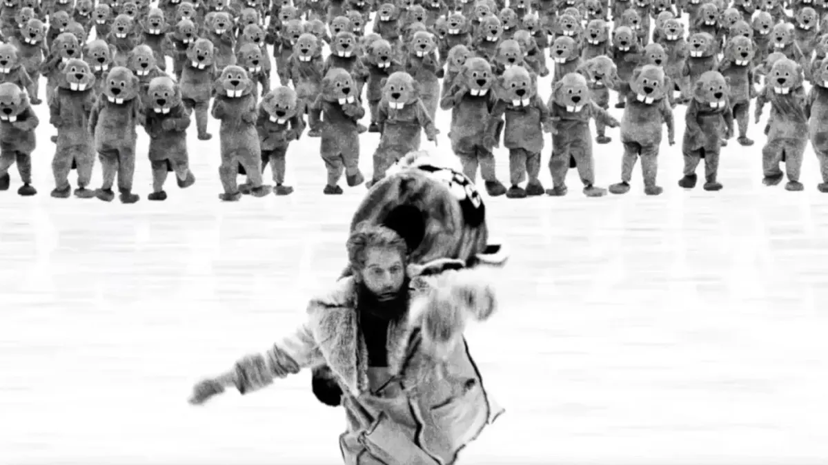 The protagonist of Hundreds of Beavers runs away from hundreds of beavers while slipping on ice