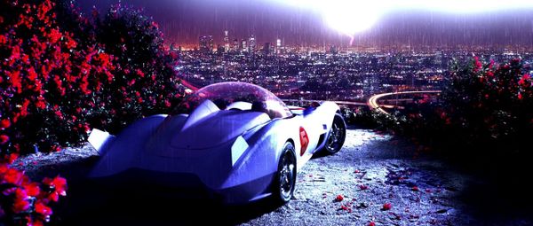 Speed Racer's car overlooks the city in Speed Racer during a storm