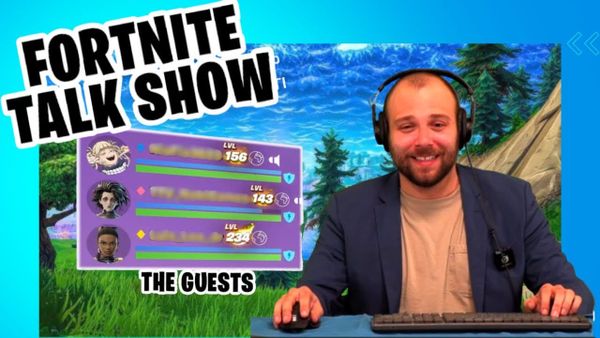 YouTube thumbnail for Fortnite Talk Show, with thelukeman wearing a suit and images of the guest's avatars