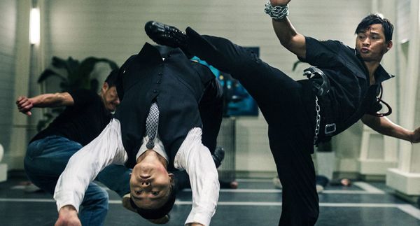 Max Zhang does a back flip, avoiding both Tony Jaa and Wu Jing's kicks, in SPL 2: A Time for Consequences