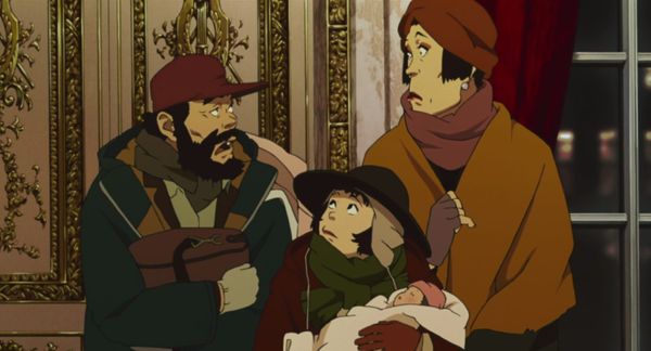 The lead characters in Tokyo Godfathers, with one holding a baby