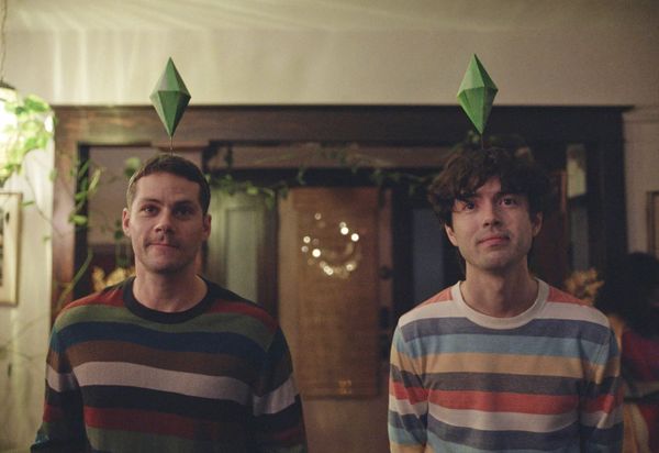 Dylan O'Brien and James Sweeney, dressed as Sims at party in Twinless