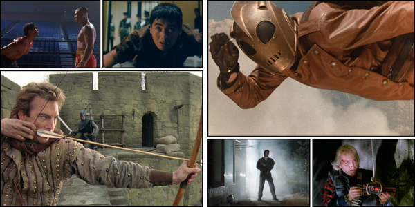 A collage of action movies released globally in June 1991: Robin Hood Prince of Thieves, Kickboxer 2, Prison on Fire II, The Rocketeer, The Hitman: Blood Smells Like Roses, and Alligator 2