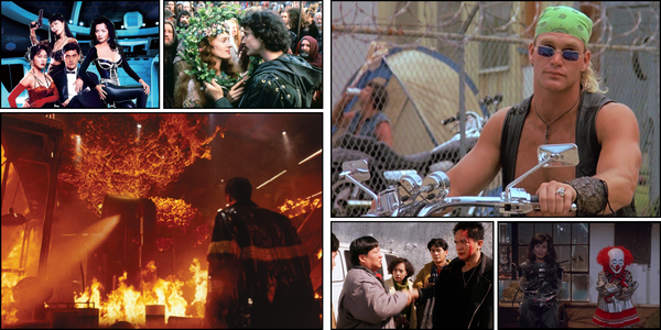 A collage image of action movies released globally in May 1991: Robotrix, Robin Hood, Backdraft, Stone Cold, Touch and Go, and F/X 2.