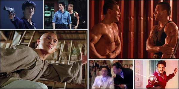 A collage of images from movies featured in this story: Black Cat, Showdown in Little Tokyo, Once Upon a Time in Chian, Double Impact, God of Gamblers III, and Aditya 369