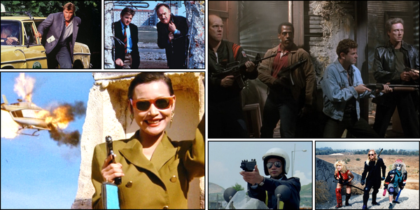 A collage of movies featured in this story: Cover-Up, Company Business, Wedlock, McBain, Bullet for HIre, and The Roller Blade Seven