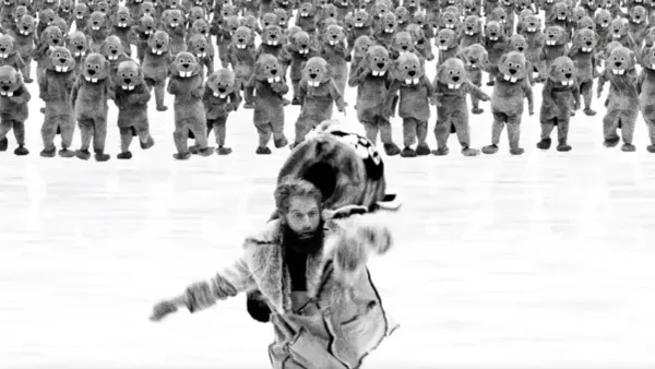 The protagonist of Hundreds of Beavers runs away from hundreds of beavers while slipping on ice