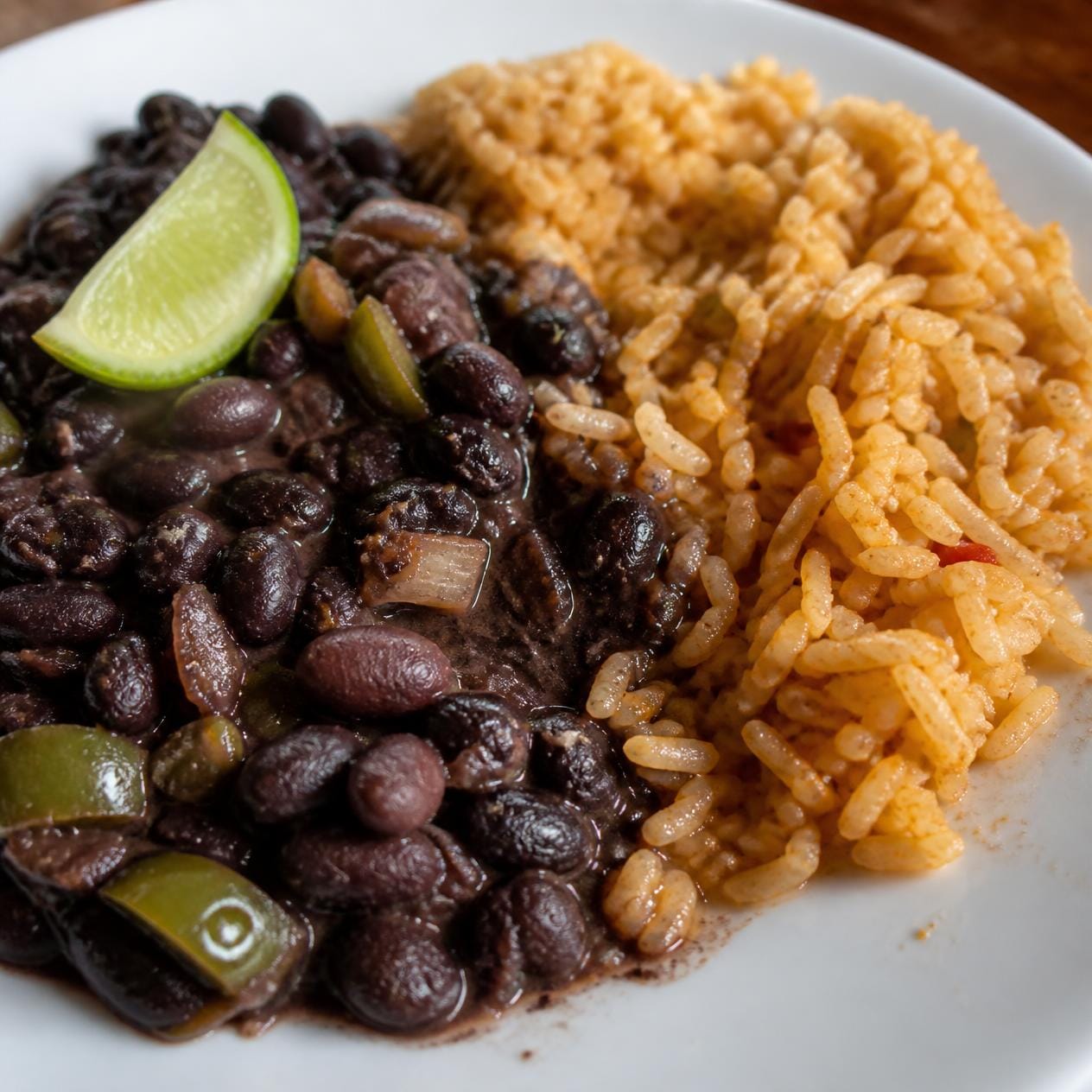 Black beans with lime wedges and roasted peppers, the pairing visible on the plate.
