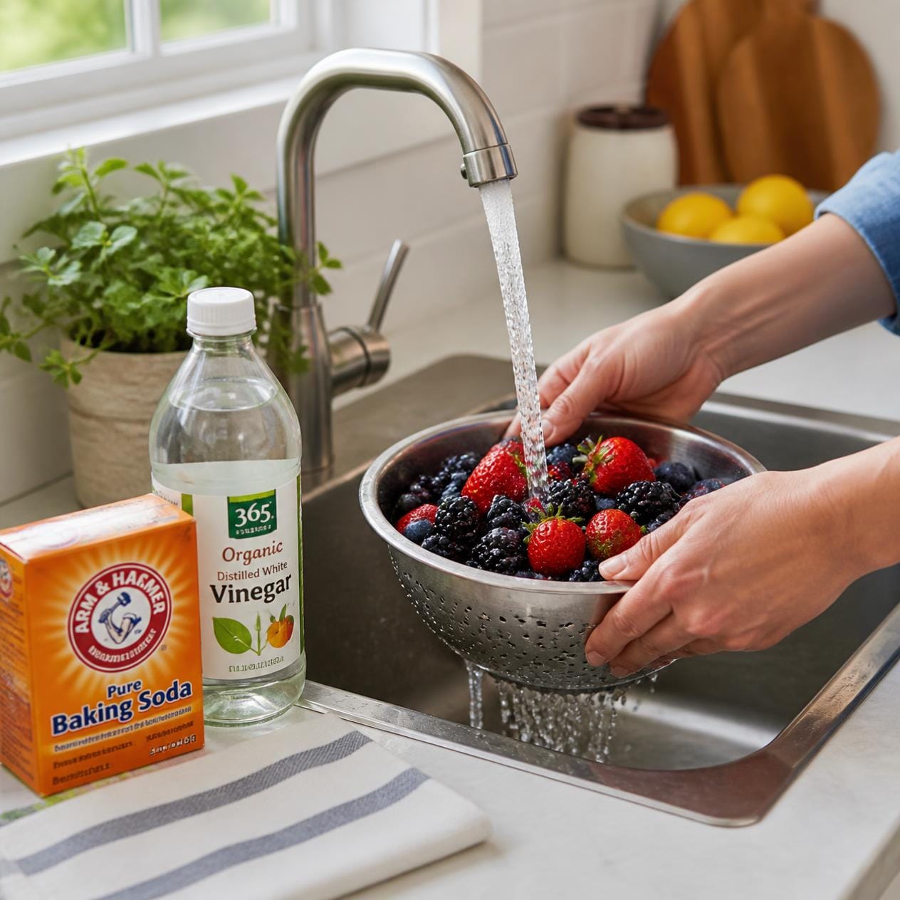Cleaning the produce properly with baking soda or vinegar