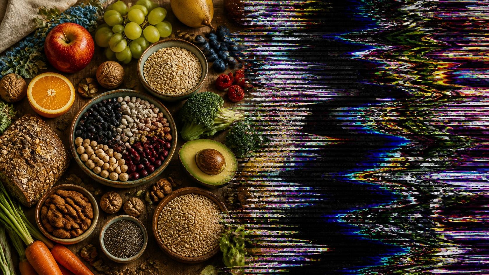A spread of fiber-rich whole foods including beans, fresh fruit, whole grains, and vegetables beside an abstract image of a disrupted signal