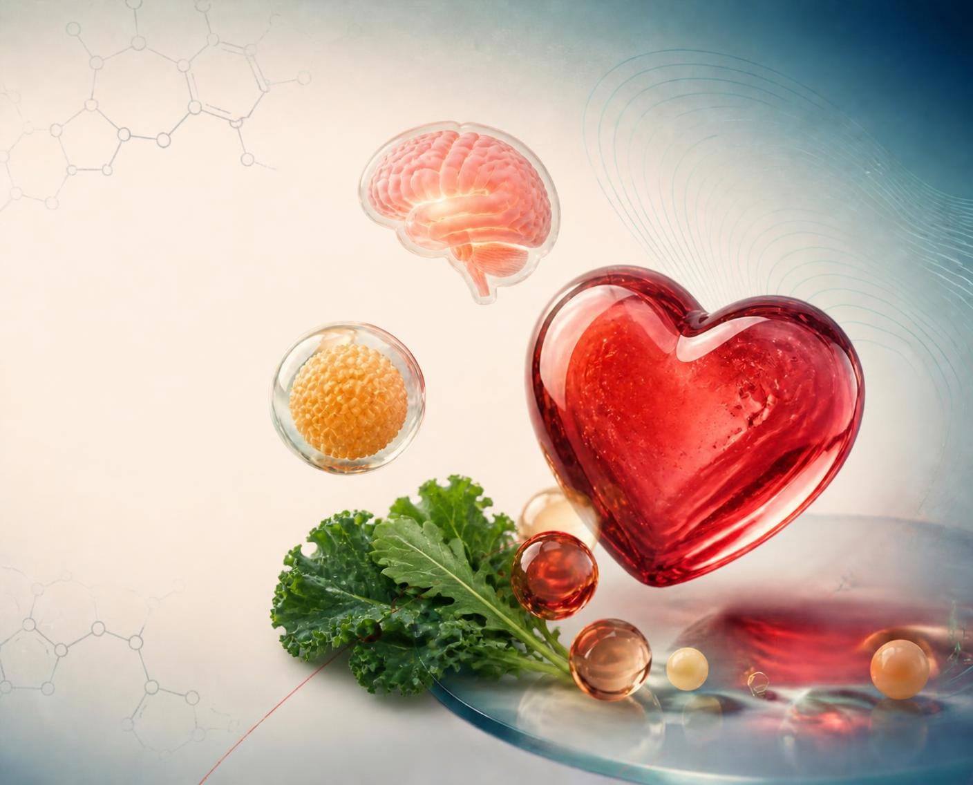 Glass heart and brain floating beside a bundle of fresh kale, with amber beads and a golden cell on a soft cream and teal background.