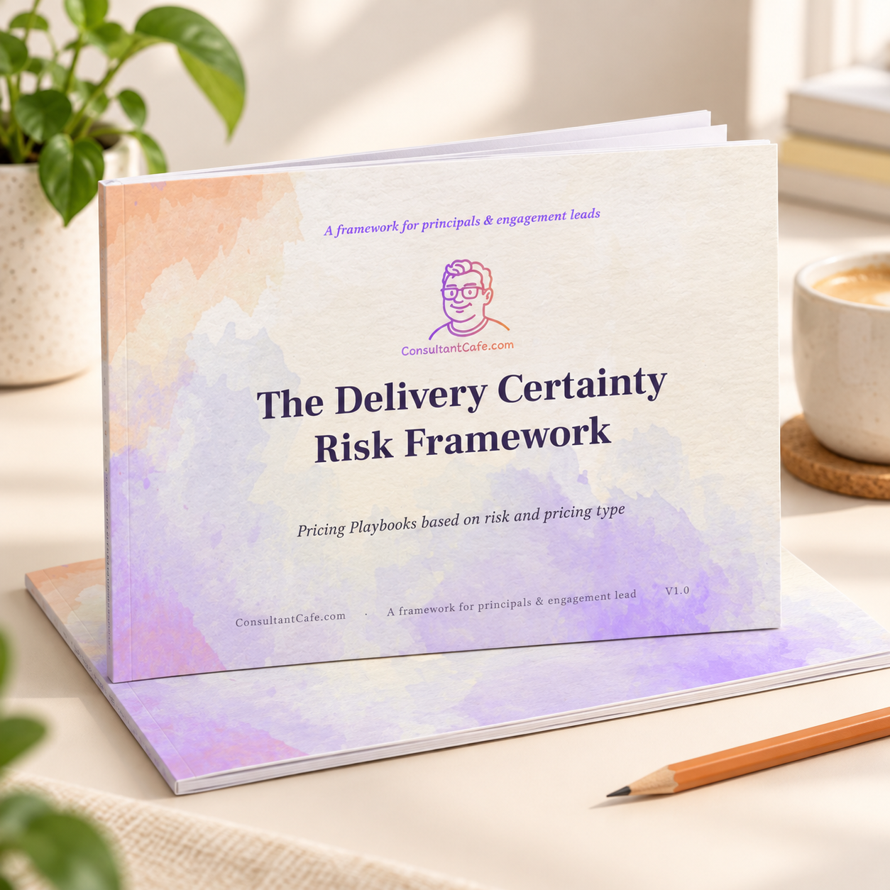 Thin bound Delivery Certainty Risk Framework booklet displayed on a warm cream desk.