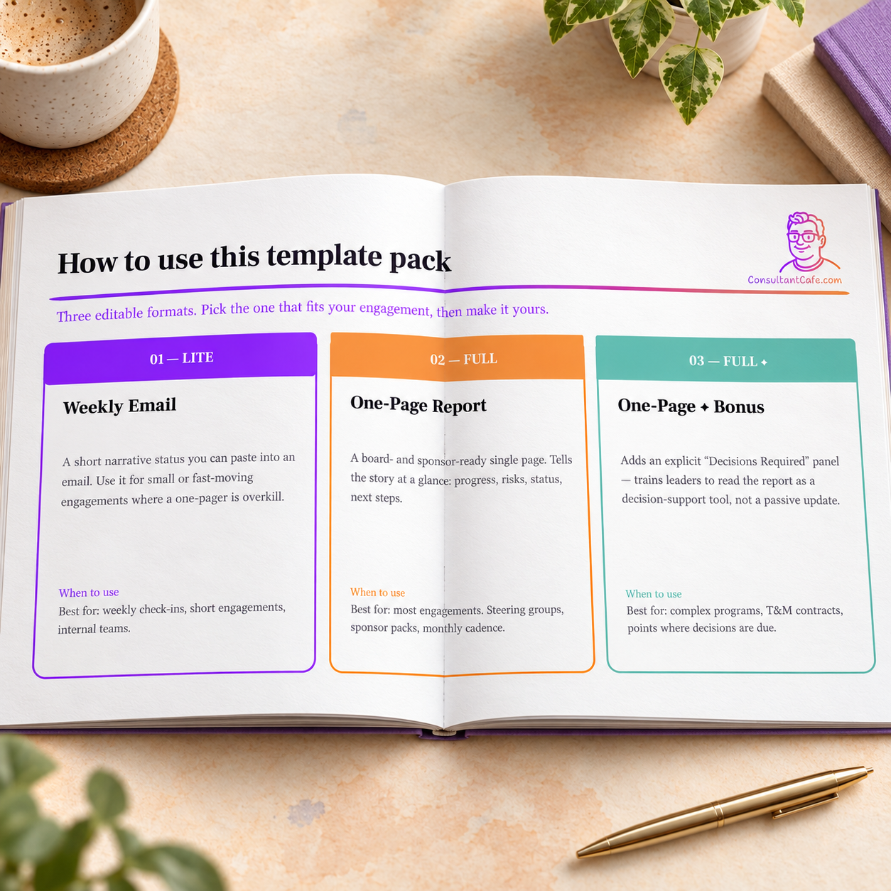 Open template pack showing the weekly email, one-page report and one-page bonus formats.