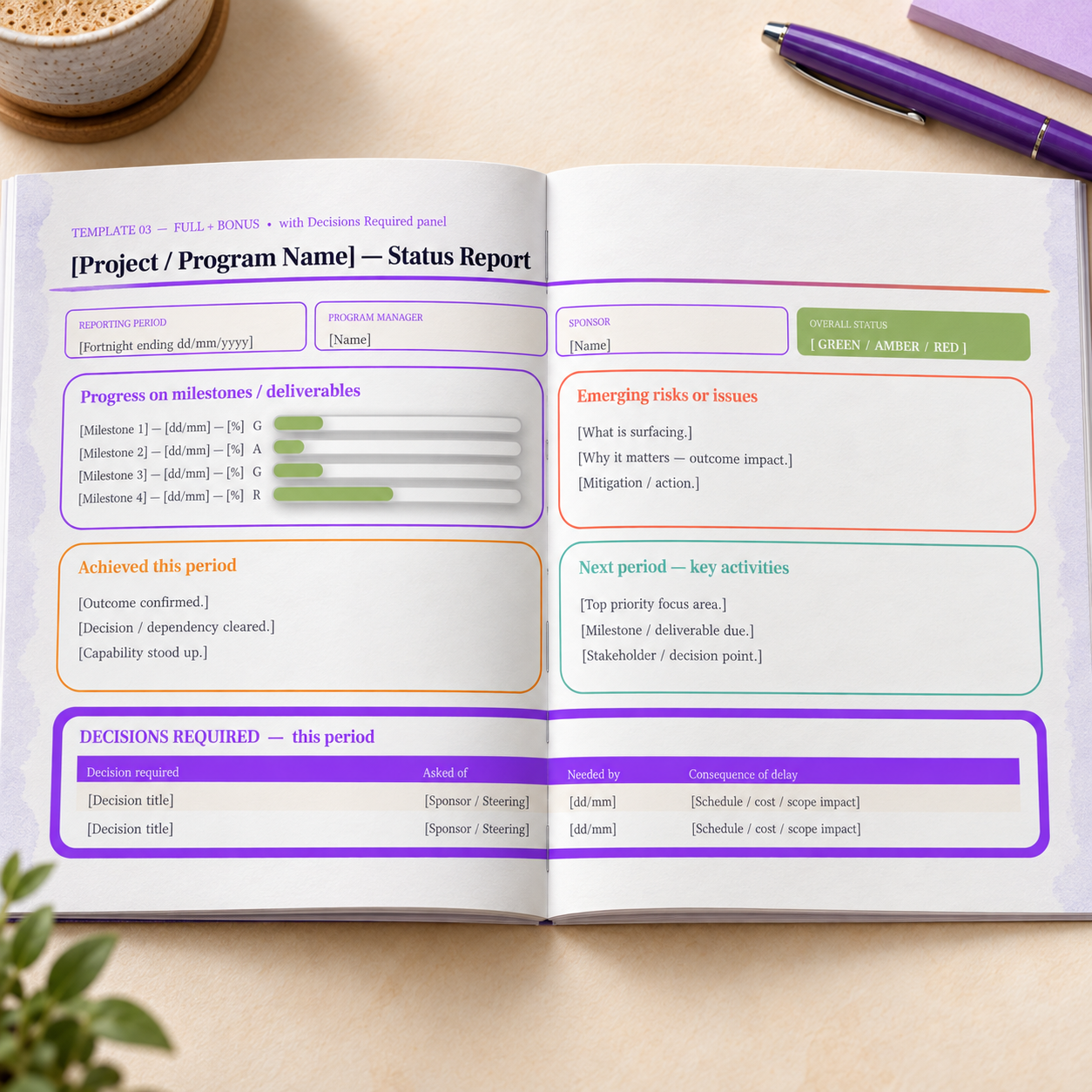 Open booklet showing the full status report template with the Decisions Required panel.