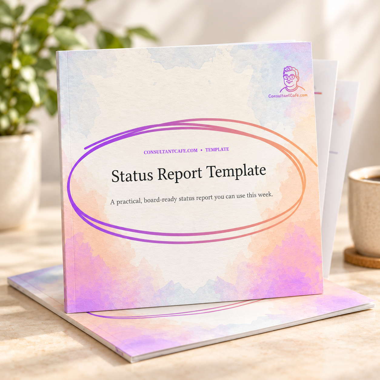Project Status Report Template booklet standing on a warm cream desk.