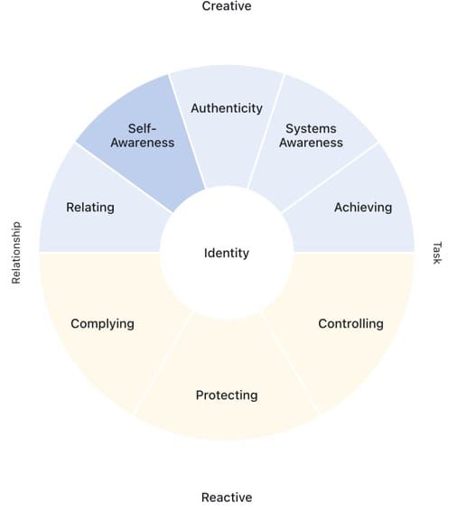 Unscored LCP wheel showing five Creative domains above and three Reactive domains below, with Identity at the center.