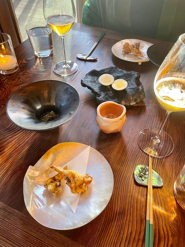 Maitake mushroom tempura, lace lichen, dishes 