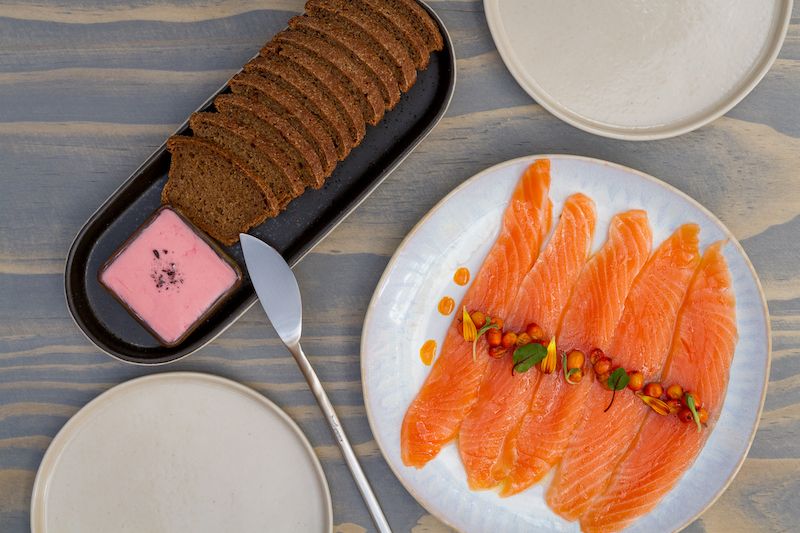 Cured salmon service at Birch & Rye. 